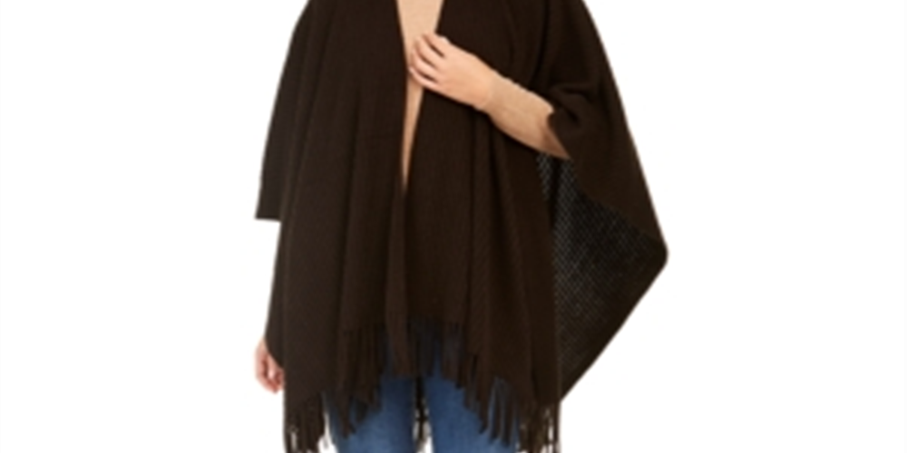 Ribbed Fringe Ruana Wrap -Black One Size