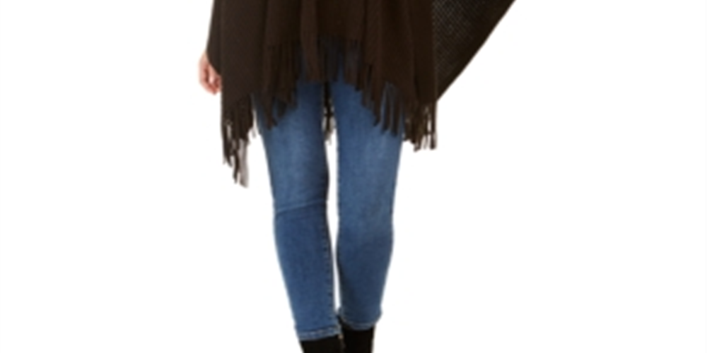 Ribbed Fringe Ruana Wrap -Black One Size