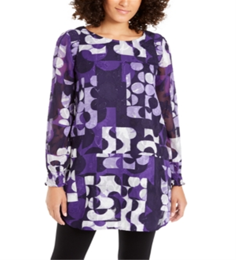Alfani Women's Burnout Smocked Tunic Top Purple Size XS
