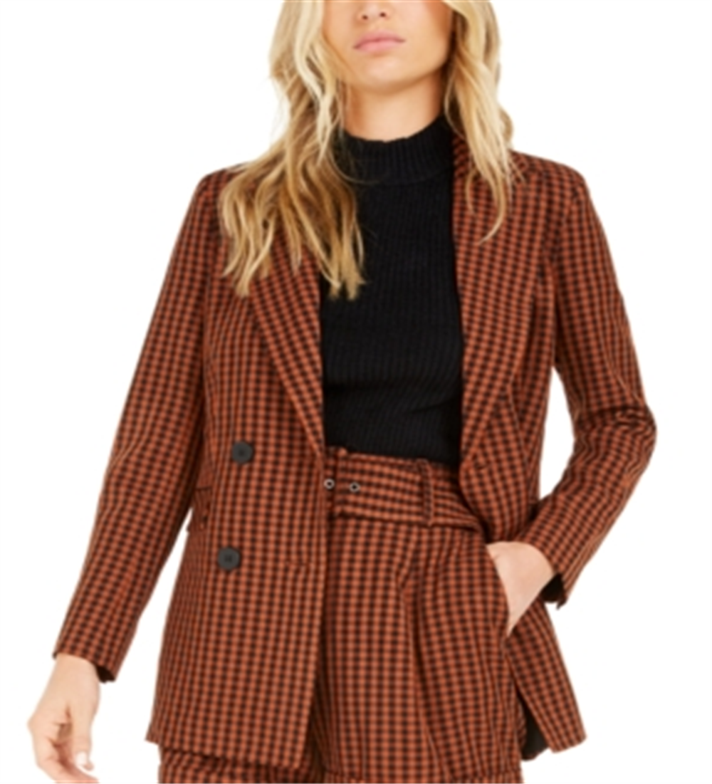 Bar III Women's Powersuit Gingham Blazer Orange Size 2XS