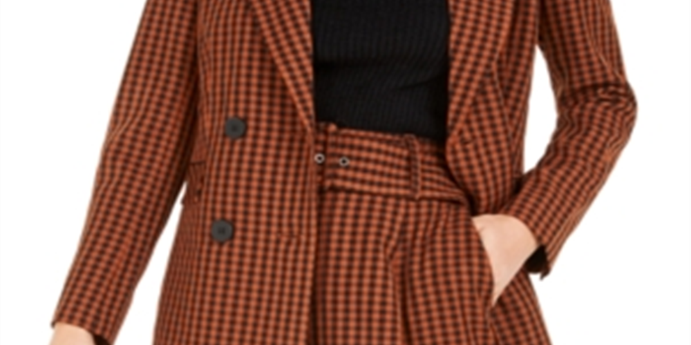 Bar III Women's Powersuit Gingham Blazer Orange Size 2XS