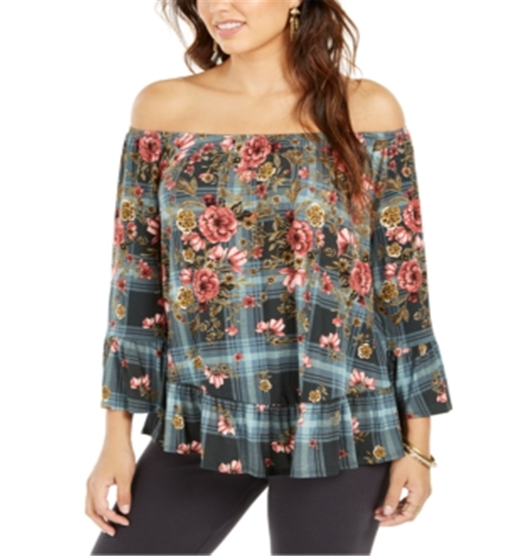 Style & Co Women's Floral Off Shoulder Blouse Green Size Petite S
