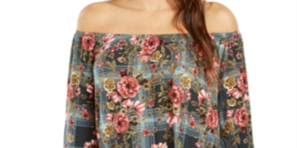 Style & Co Women's Floral Off Shoulder Blouse Green Size Petite S