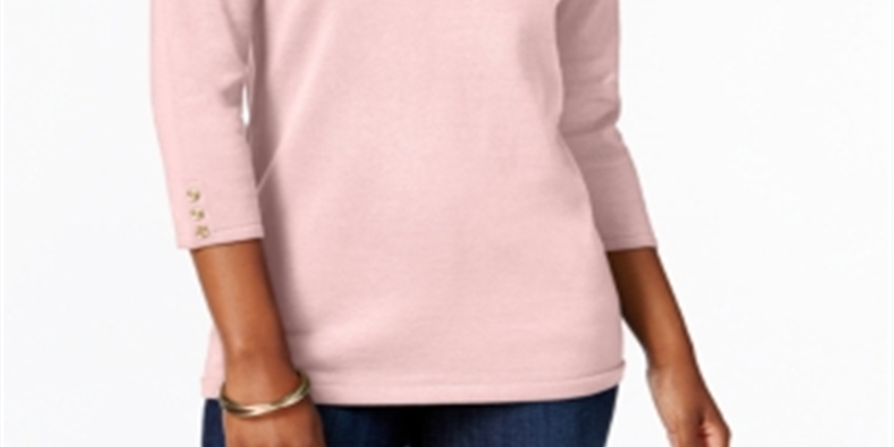 Karen Scott Women's Cotton Button Trim Sweater Tea Rose Pink Size Petite L