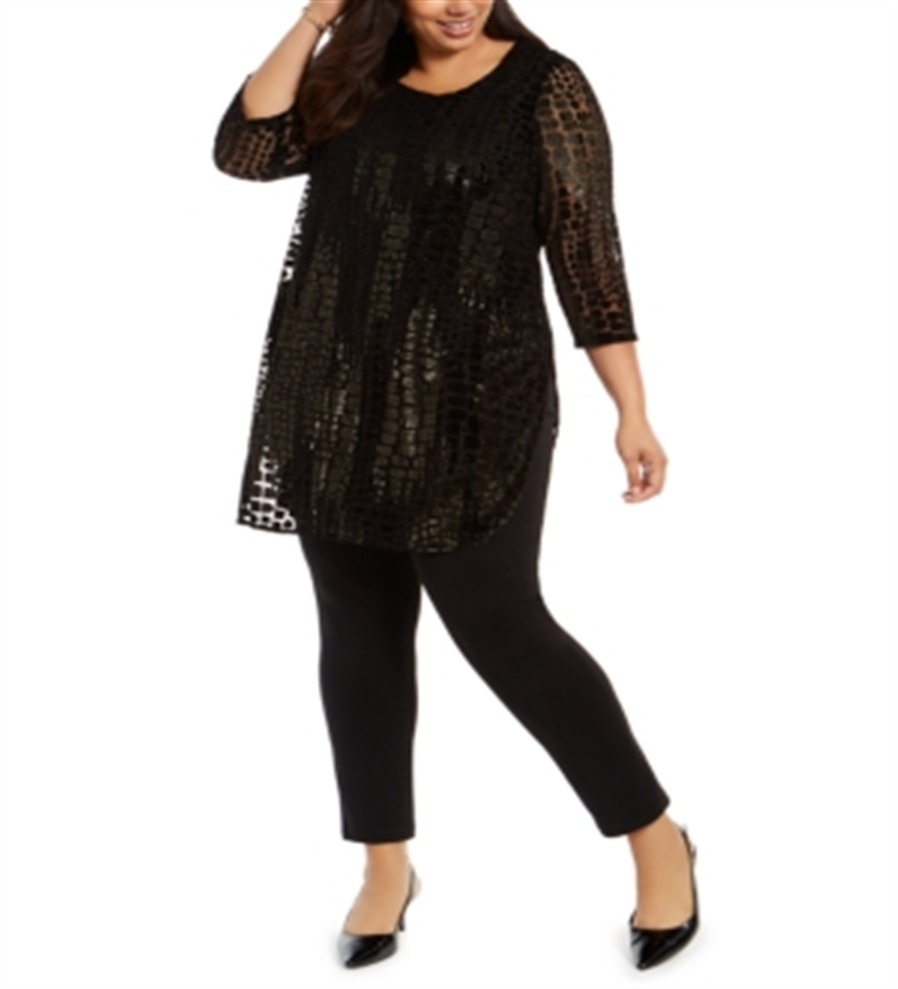 Alfani Women's Plus Size Flocked Metallic Tun Black Stone Scrolls 0X