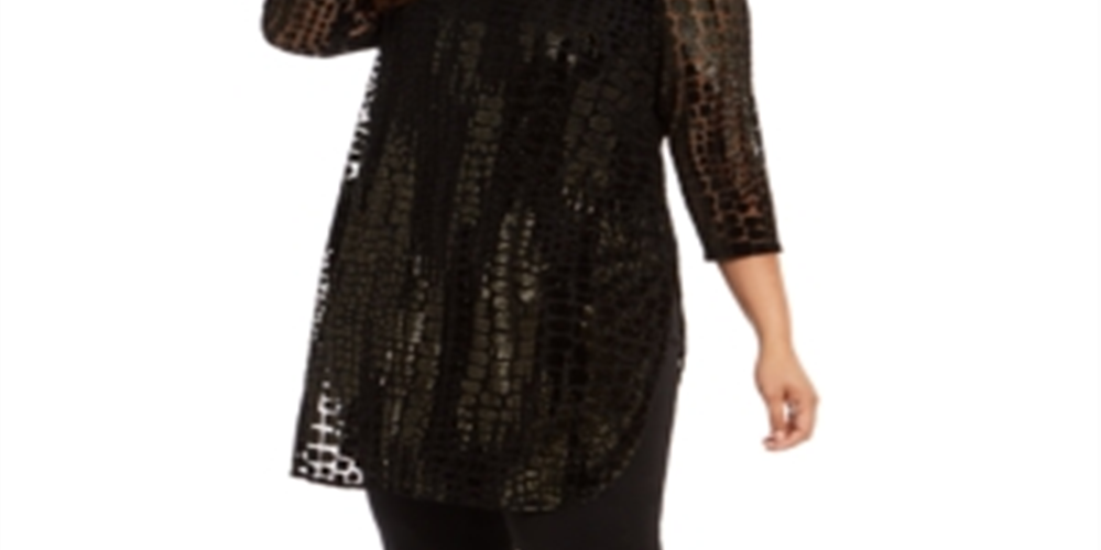Alfani Women's Plus Size Flocked Metallic Tun Black Stone Scrolls 0X