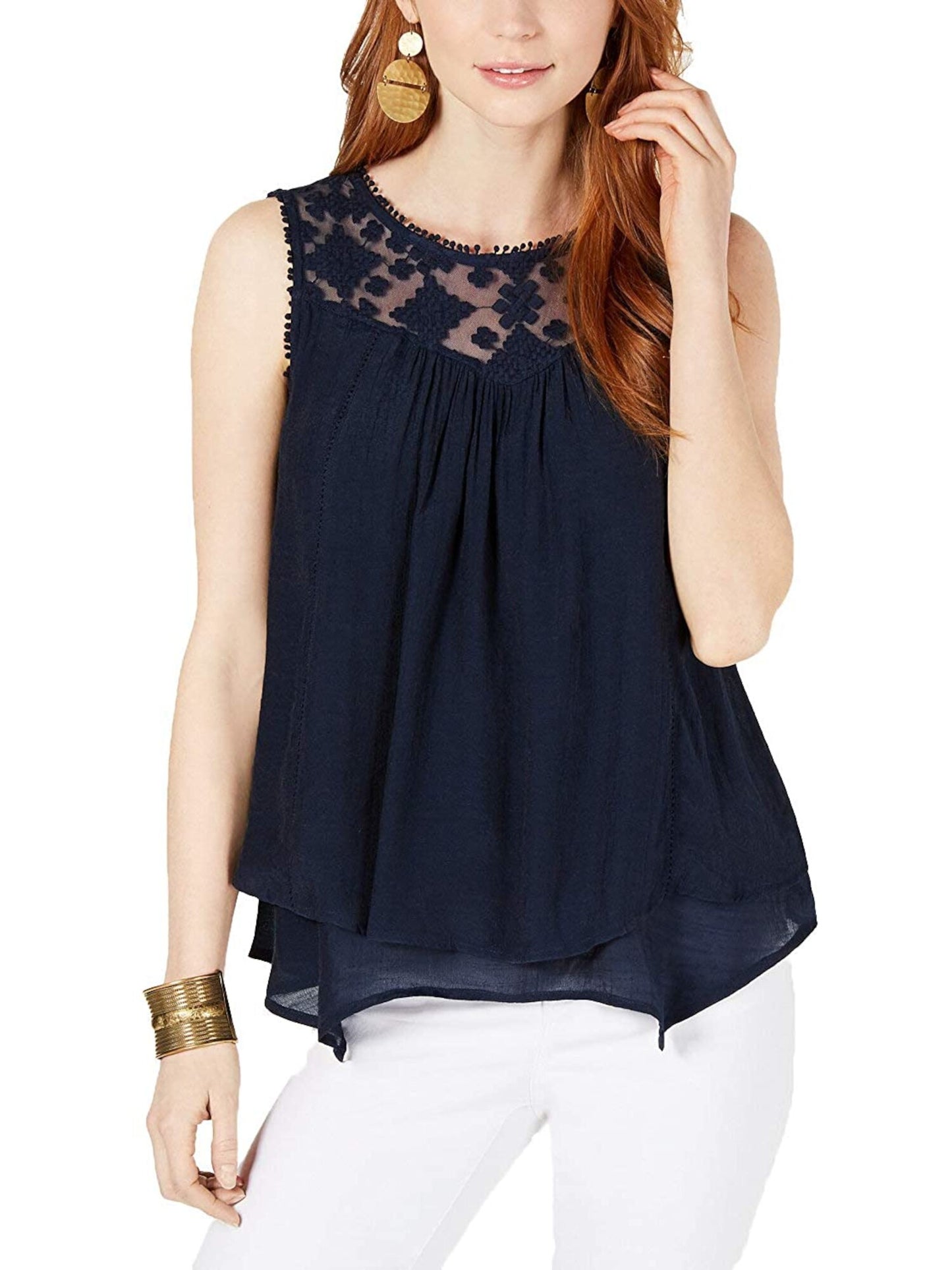 Style & CO Women's Lace Sleeveless Jewel Neck Tank Top Navy Size XS