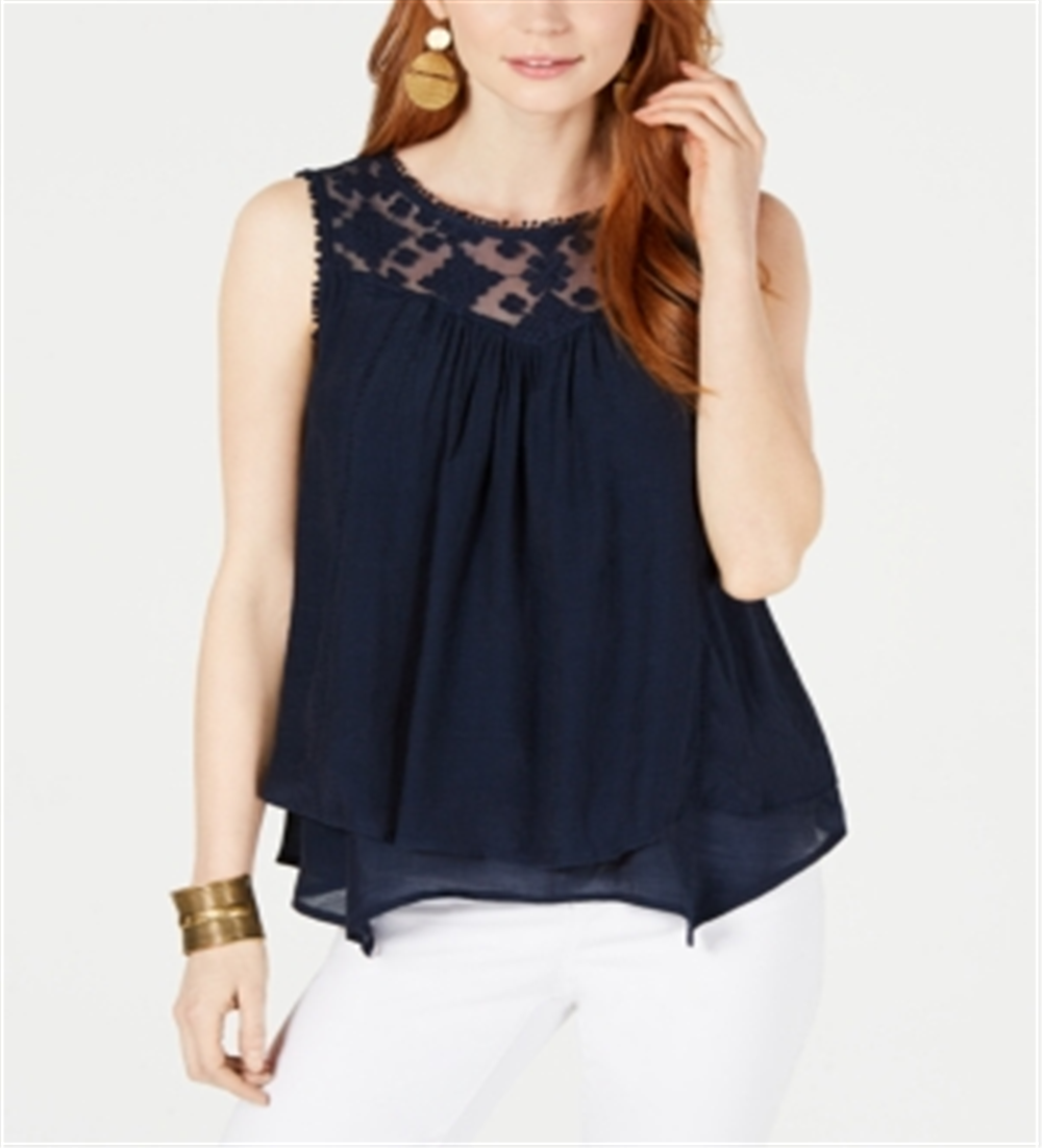 Style & CO Women's Lace Sleeveless Jewel Neck Tank Top Navy Size XS