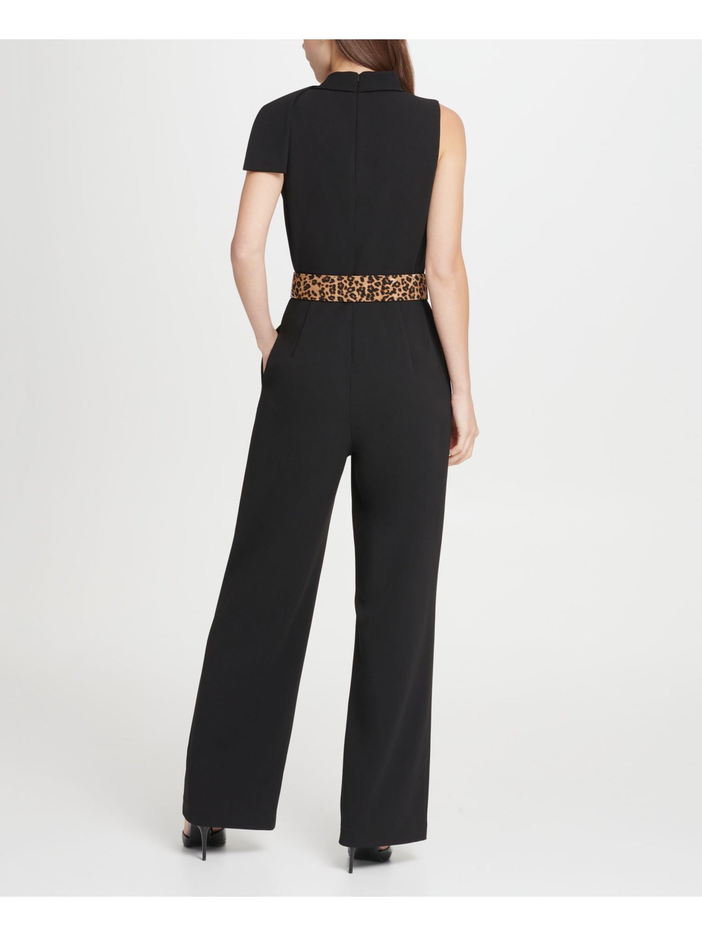 DKNY Women's Tie Neck Leopard Belt Jumpsuit Black Size 16