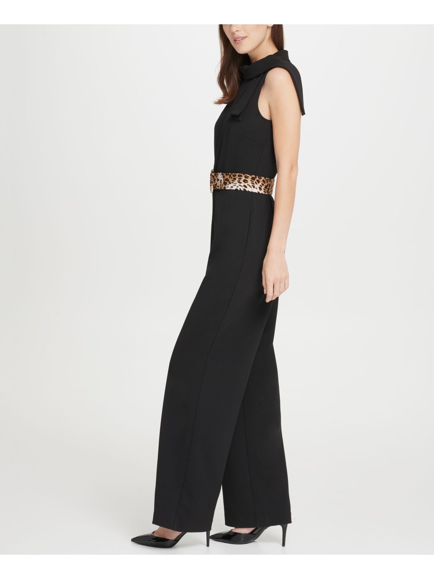 DKNY Women's Tie Neck Leopard Belt Jumpsuit Black Size 16