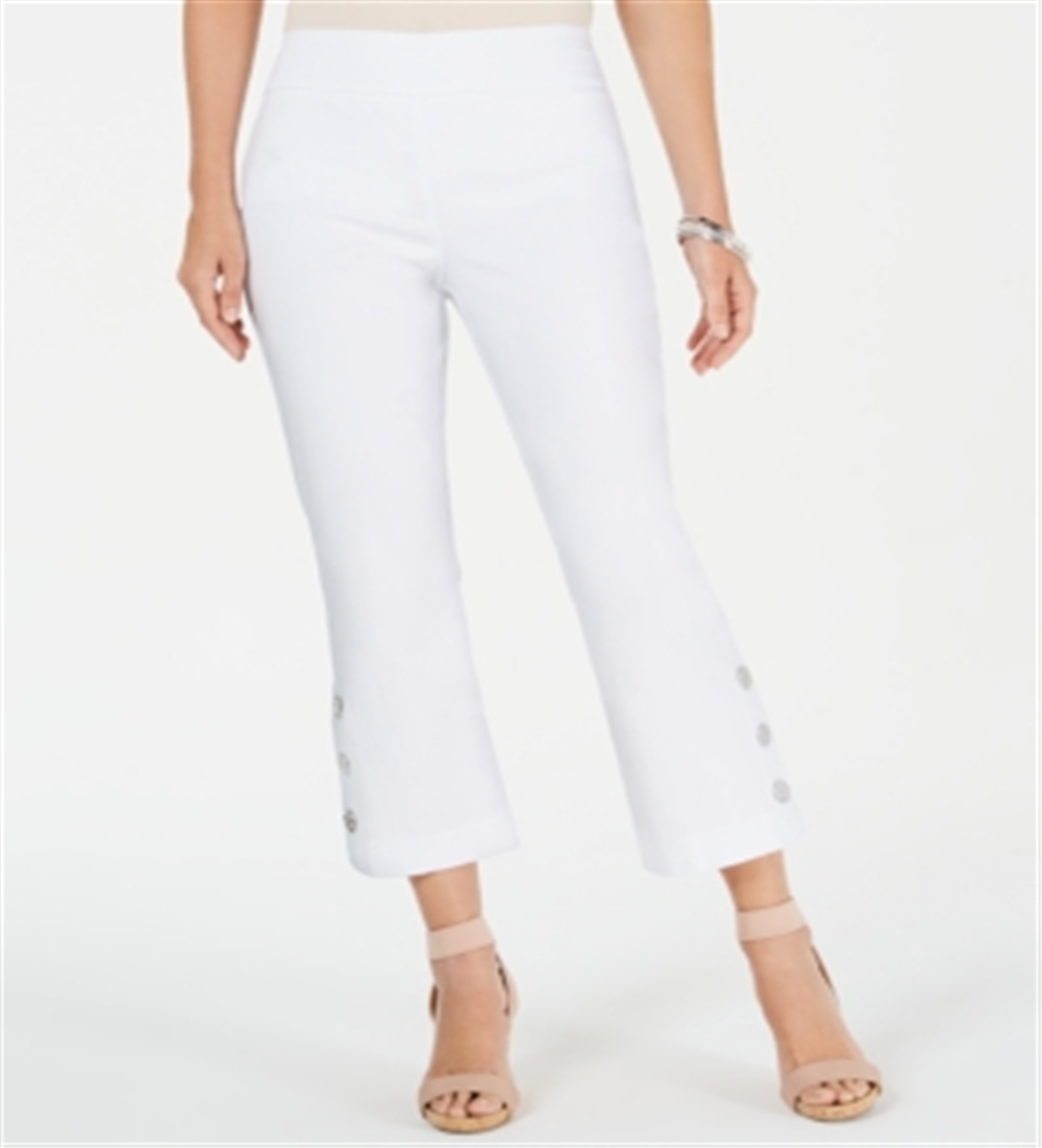 JM Collection Women's Petite Cropped Button-Trim Flare Pants  Bright White Size Petite S