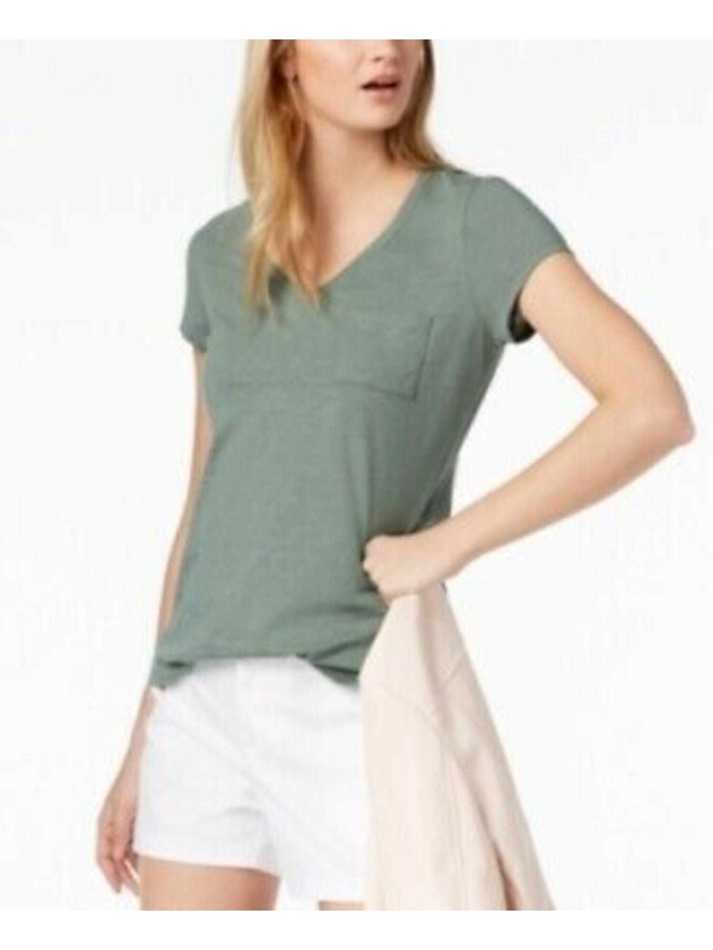 Maison Jules  Women's  Short Sleeve V Neck T-Shirt Top Green Size Small