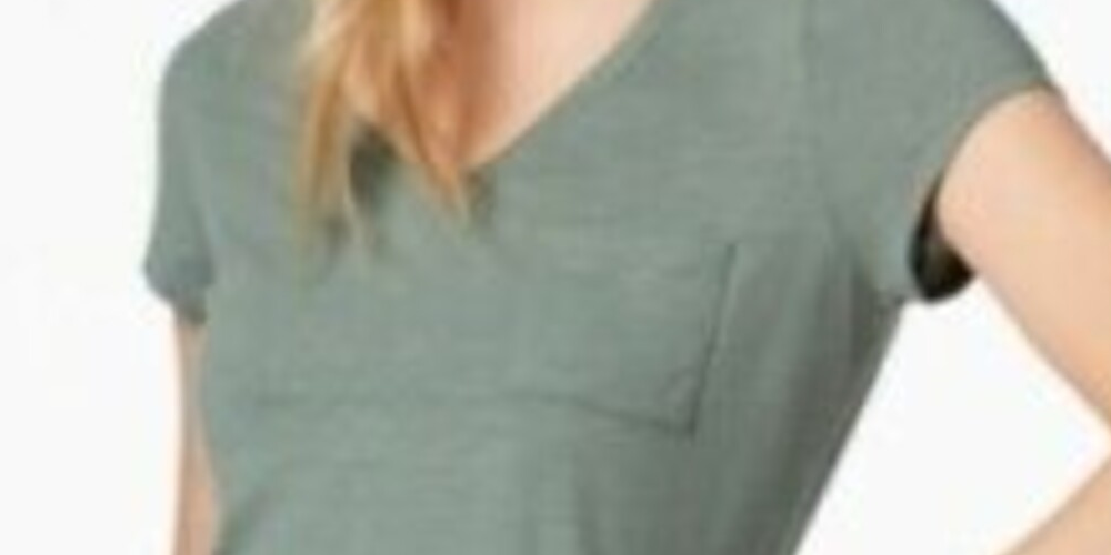 Maison Jules  Women's  Short Sleeve V Neck T-Shirt Top Green Size Small