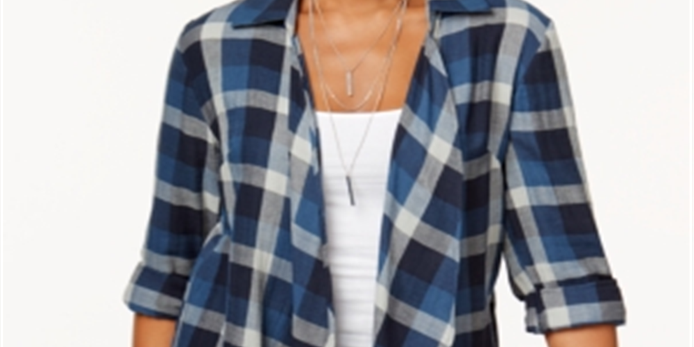 Style & Co Cotton Open-Front Plaid Completer Carefree Plaid Blue Size M