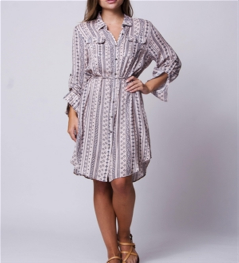 Wanderlux Women's Adjustable Sleeves V Neck Button Down Laxey Shirt Dress PinkSize L