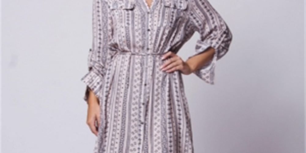 Wanderlux Women's Adjustable Sleeves V Neck Button Down Laxey Shirt Dress PinkSize L