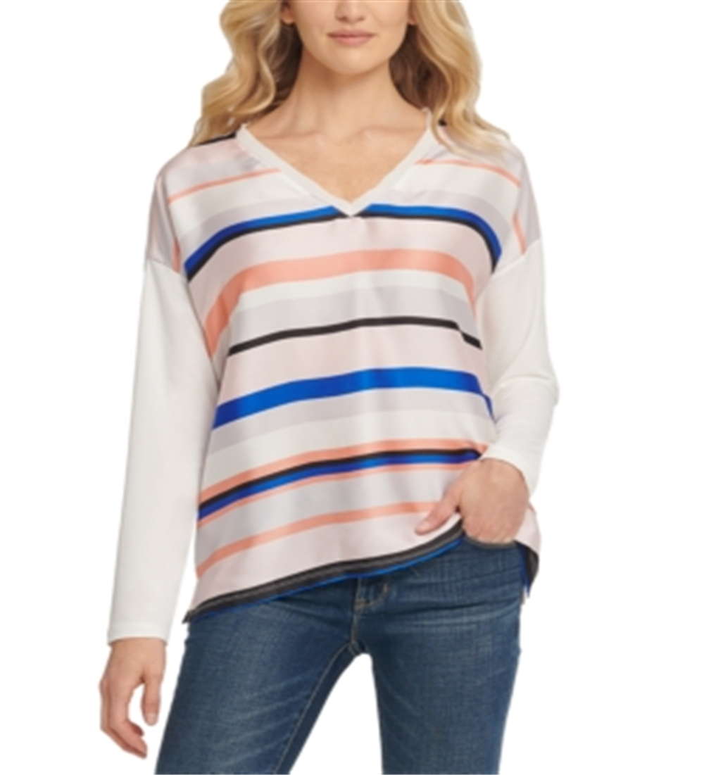 DKNY Women's Mixed-Media V-Neck Top Pink Size Small