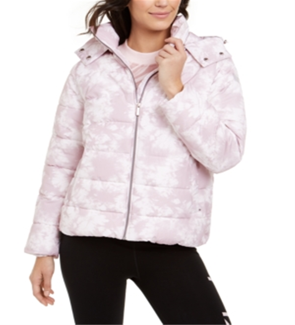 Calvin Klein Women's Printed Hooded Puffer Jacket Pink Size Large