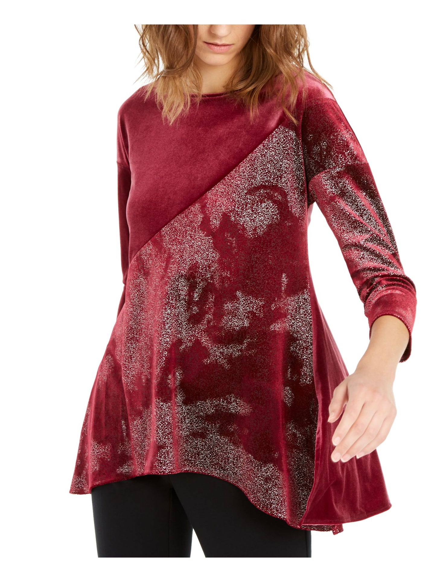 Alfani Women's Speckle 3/4 Sleeve Crew Neck Blouse Evening Top Red Size Medium