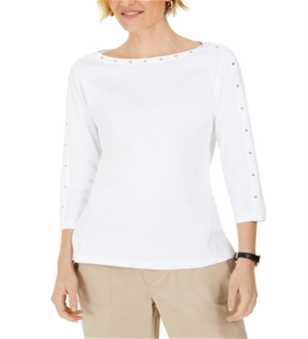Karen Scott Women's Studded 3/4-Sleeve Top  White Size XS