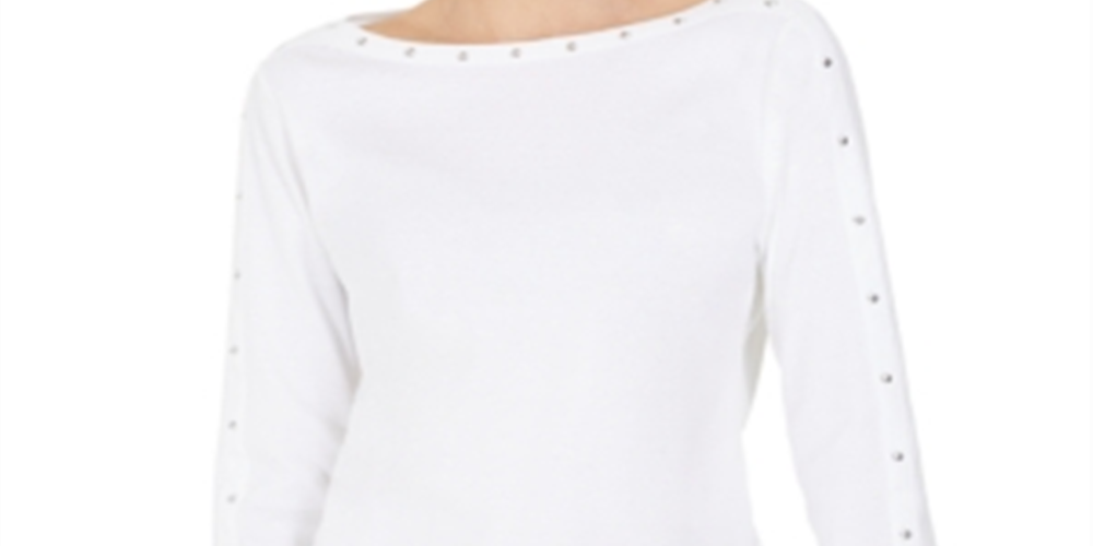 Karen Scott Women's Studded 3/4-Sleeve Top  White Size XS