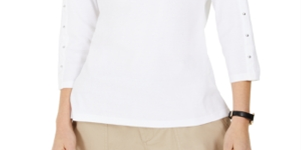 Karen Scott Women's Studded 3/4-Sleeve Top  White Size XS