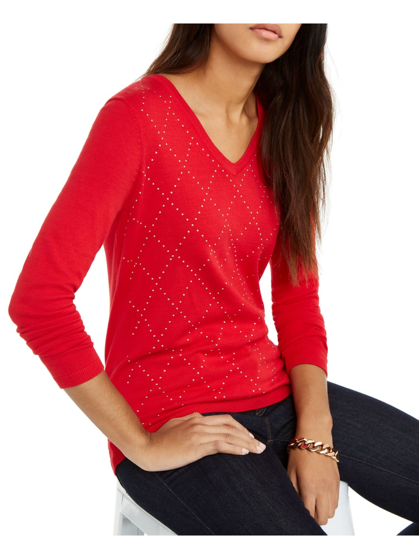 Tommy Hilfiger Women's Studded Cozy Pullover Sweater Red Size Medium