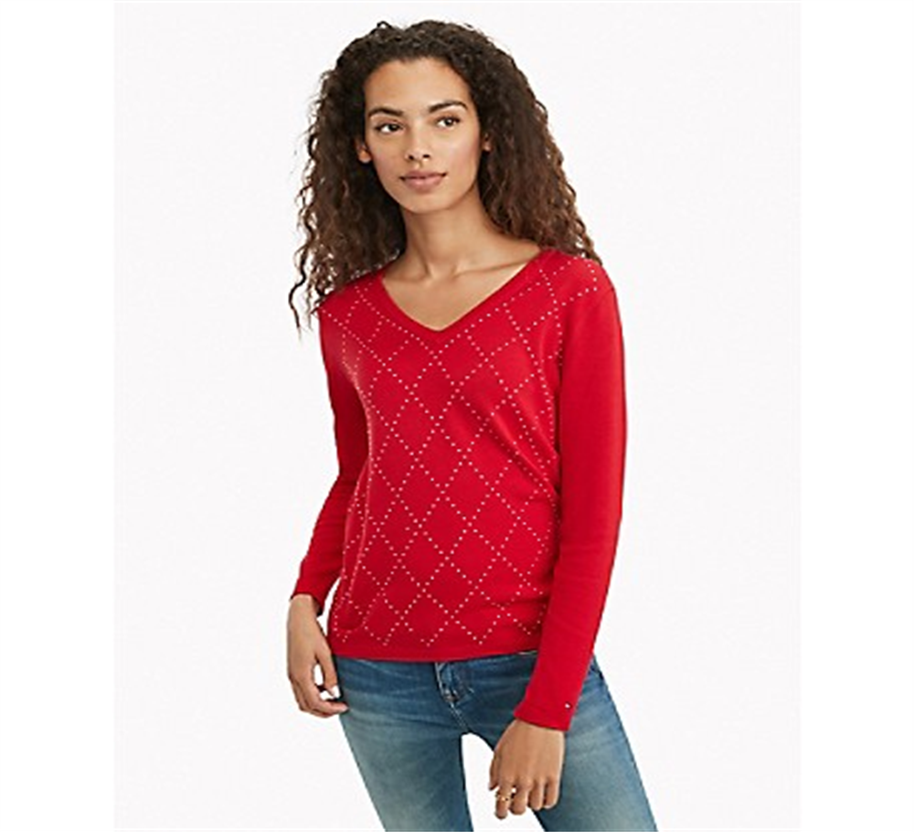 Tommy Hilfiger Women's Studded Cozy Pullover Sweater Red Size Medium