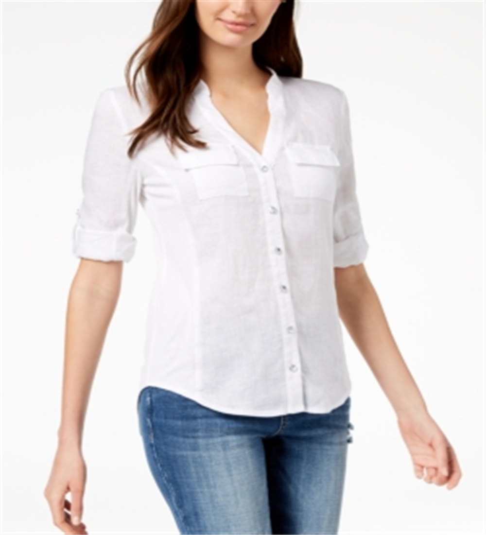 Inc Petite Side-Panel Roll-Tab Shirt White Size Petite S