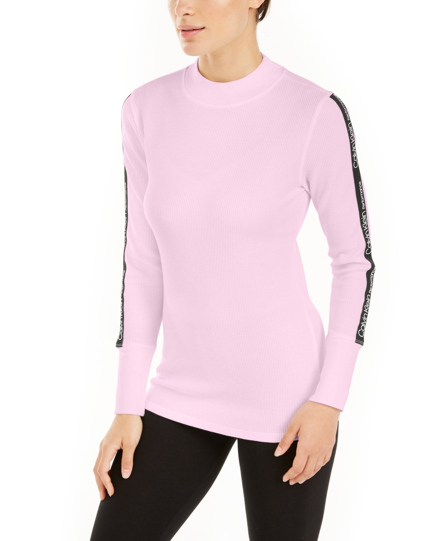 Calvin Klein Women's Performance Logo Stripe Mock Neck T-Shirt Pink Size X-Small
