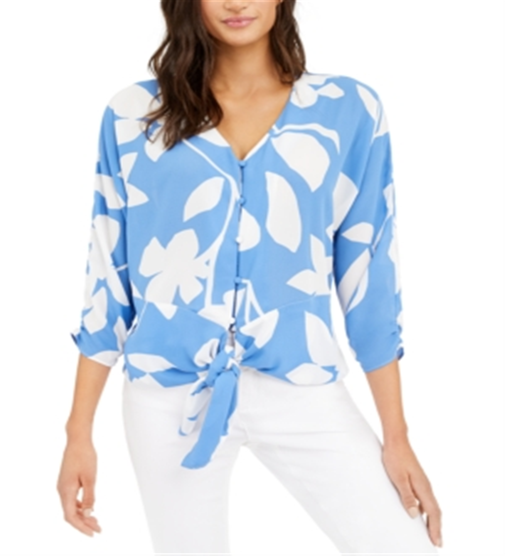 Alfani Printed Tie-Front Blouse Blue Size XXL