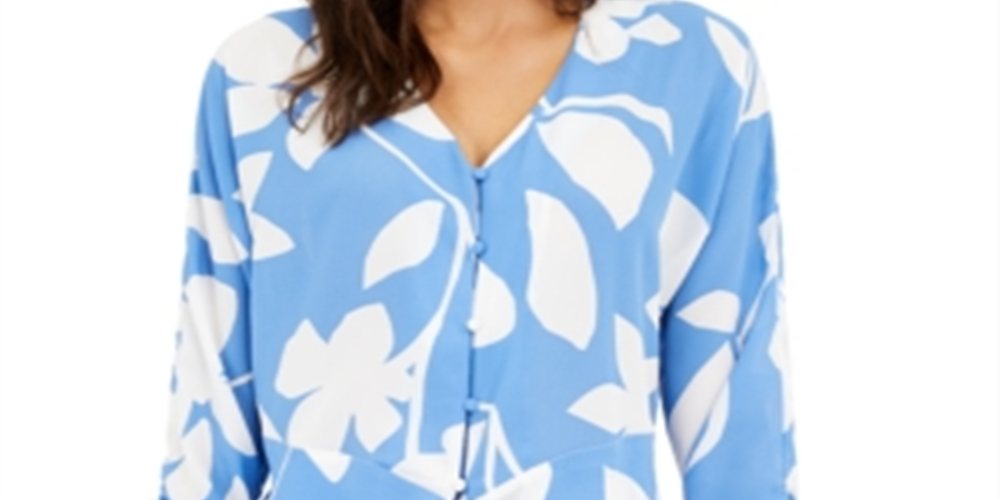 Alfani Printed Tie-Front Blouse Blue Size XXL