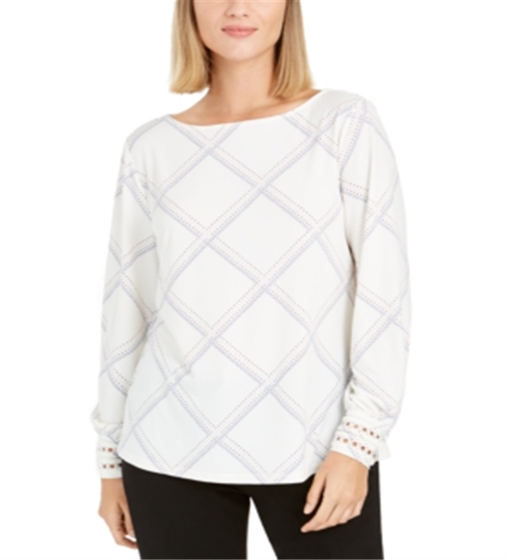Charter Club Women's Plaid Knit Top  White Size XS
