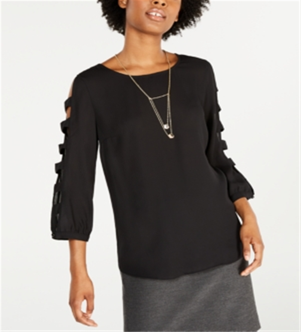 Bcx Juniors' Lattice Long-Sleeved Blouse with Necklace  Black Size Large