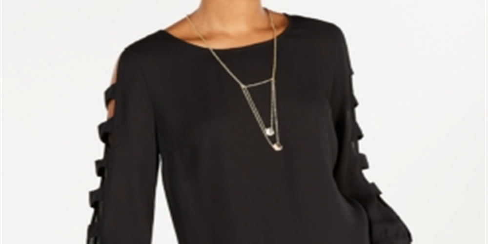 Bcx Juniors' Lattice Long-Sleeved Blouse with Necklace  Black Size Large