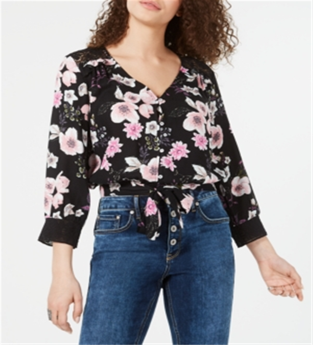 American Rag Junior's Floral Print Tie Hem Top  Black Size Small