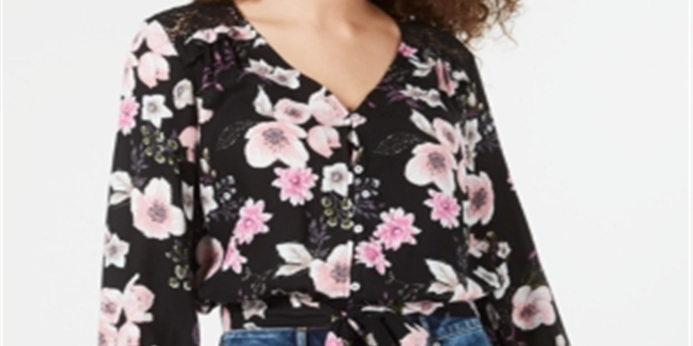 American Rag Junior's Floral Print Tie Hem Top  Black Size Small