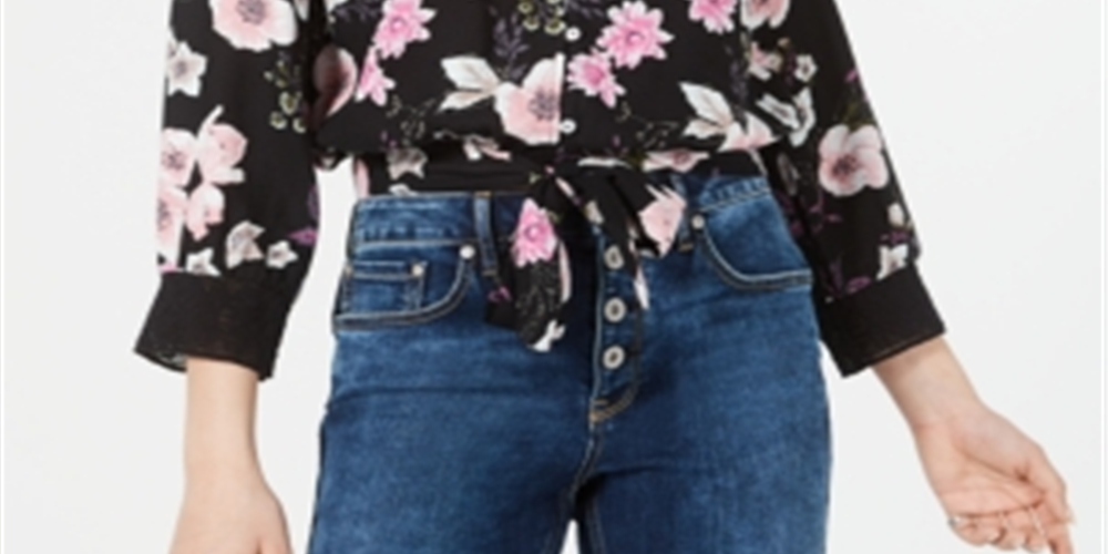 American Rag Junior's Floral Print Tie Hem Top  Black Size Small