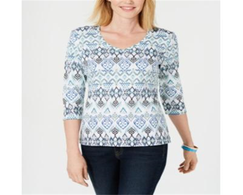 Karen Scott Women's Printed V Neck Top White Size XS