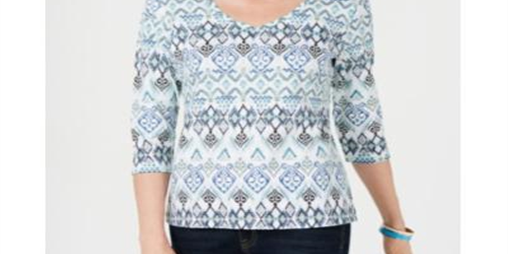 Karen Scott Women's Printed V Neck Top White Size XS
