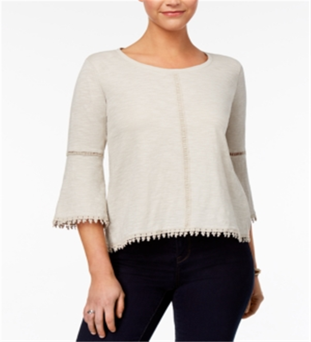 Style & Co Women's Crochet-Trim Lantern Sleeve Top Gray Size Petite