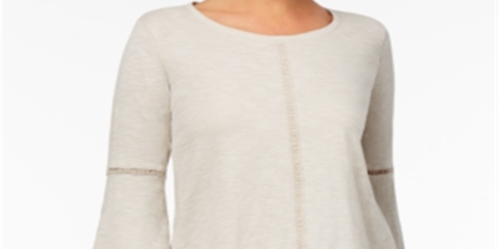 Style & Co Women's Crochet-Trim Lantern Sleeve Top Gray Size Petite
