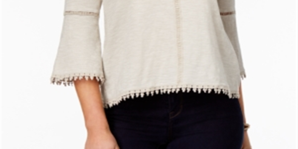 Style & Co Women's Crochet-Trim Lantern Sleeve Top Gray Size Petite