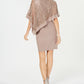 R M Richards Petite Women's  Sequined Lace Cape Overlay Short Sleeve Boat Neck Short Party Sheath Dress Petites Taupe Size 14 P