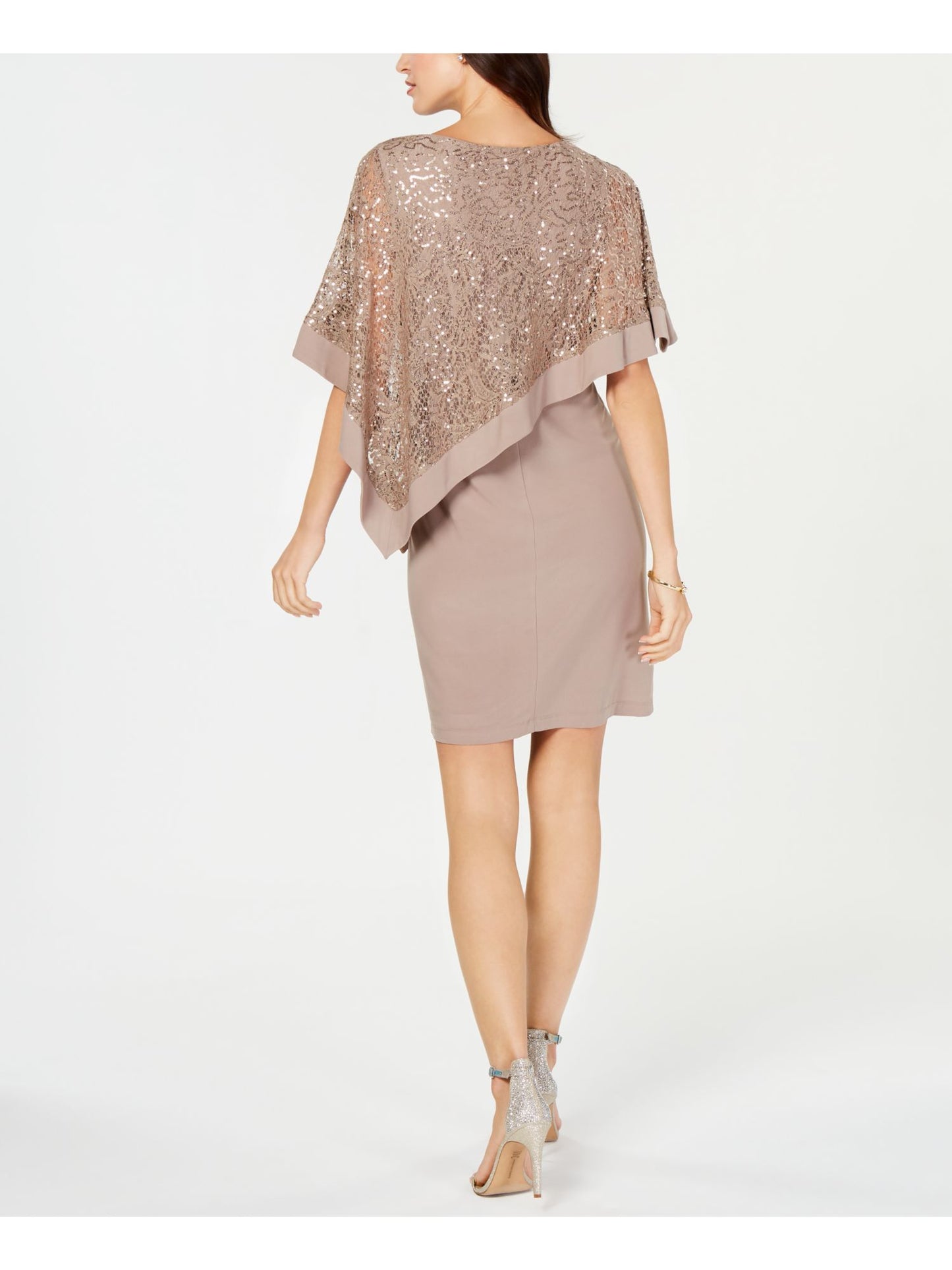 R M Richards Petite Women's  Sequined Lace Cape Overlay Short Sleeve Boat Neck Short Party Sheath Dress Petites Taupe Size 14 P