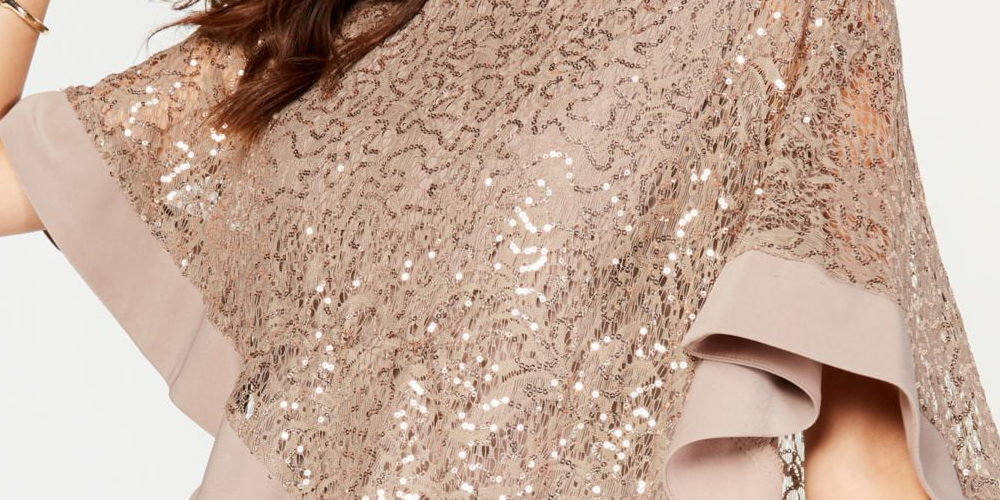 R M Richards Petite Women's  Sequined Lace Cape Overlay Short Sleeve Boat Neck Short Party Sheath Dress Petites Taupe Size 14 P