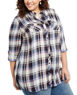 Style & Co Women's Plus Size Plaid Utility Shirt White Combo Size 2X