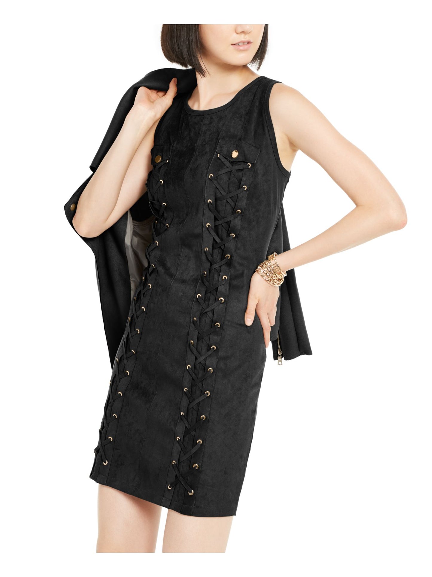 INC International Concepts Women's Faux Suede Lace Printed Sleeveless Jewel Neck Short Fit Flare Evening Dress Black Size Large