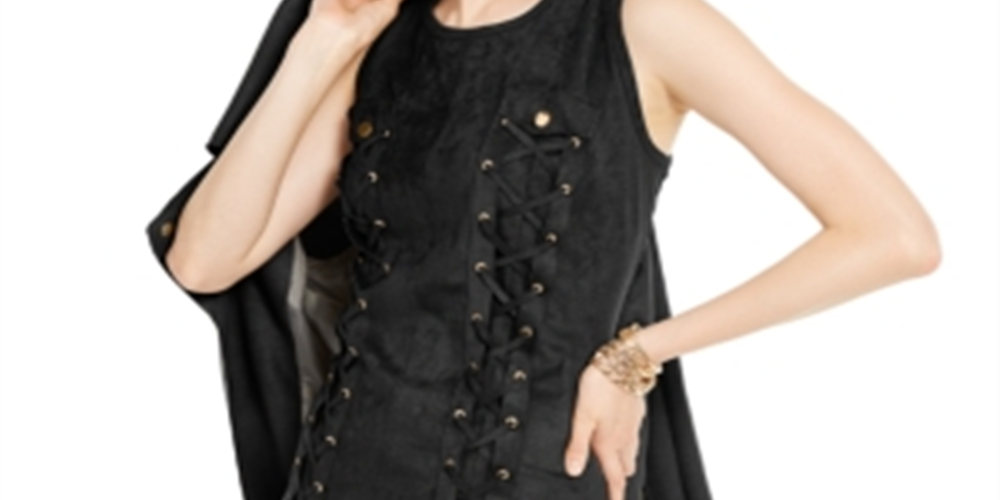 INC International Concepts Women's Faux Suede Lace Printed Sleeveless Jewel Neck Short Fit Flare Evening Dress Black Size Large