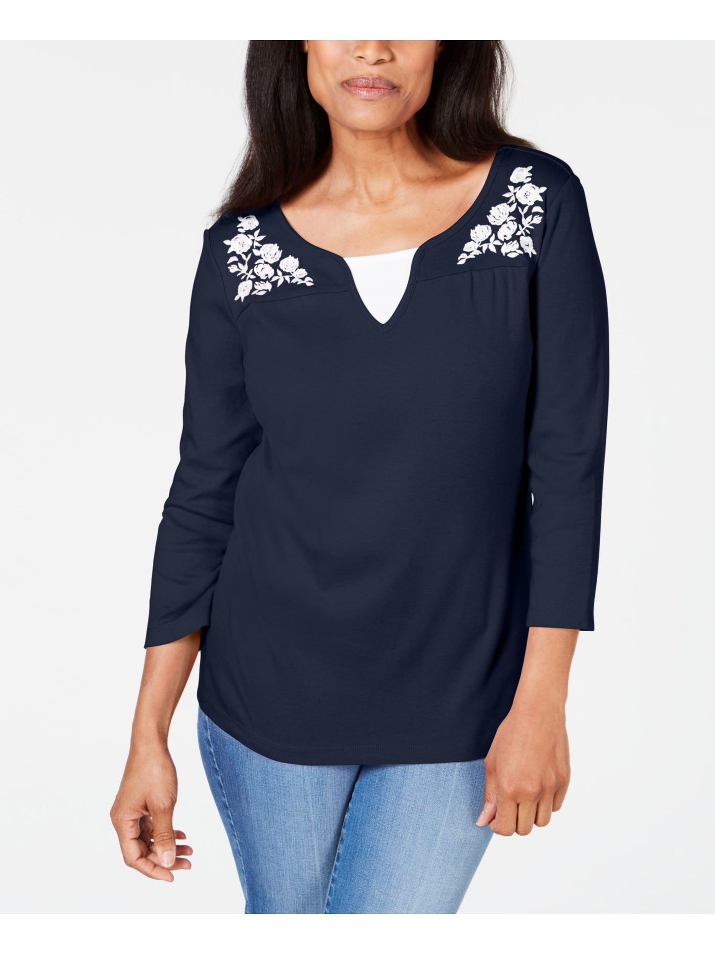 Karen Scott Women's Printed 3/4 Sleeve Jewel Neck T-Shirt Evening Top Blue Size Petite Medium
